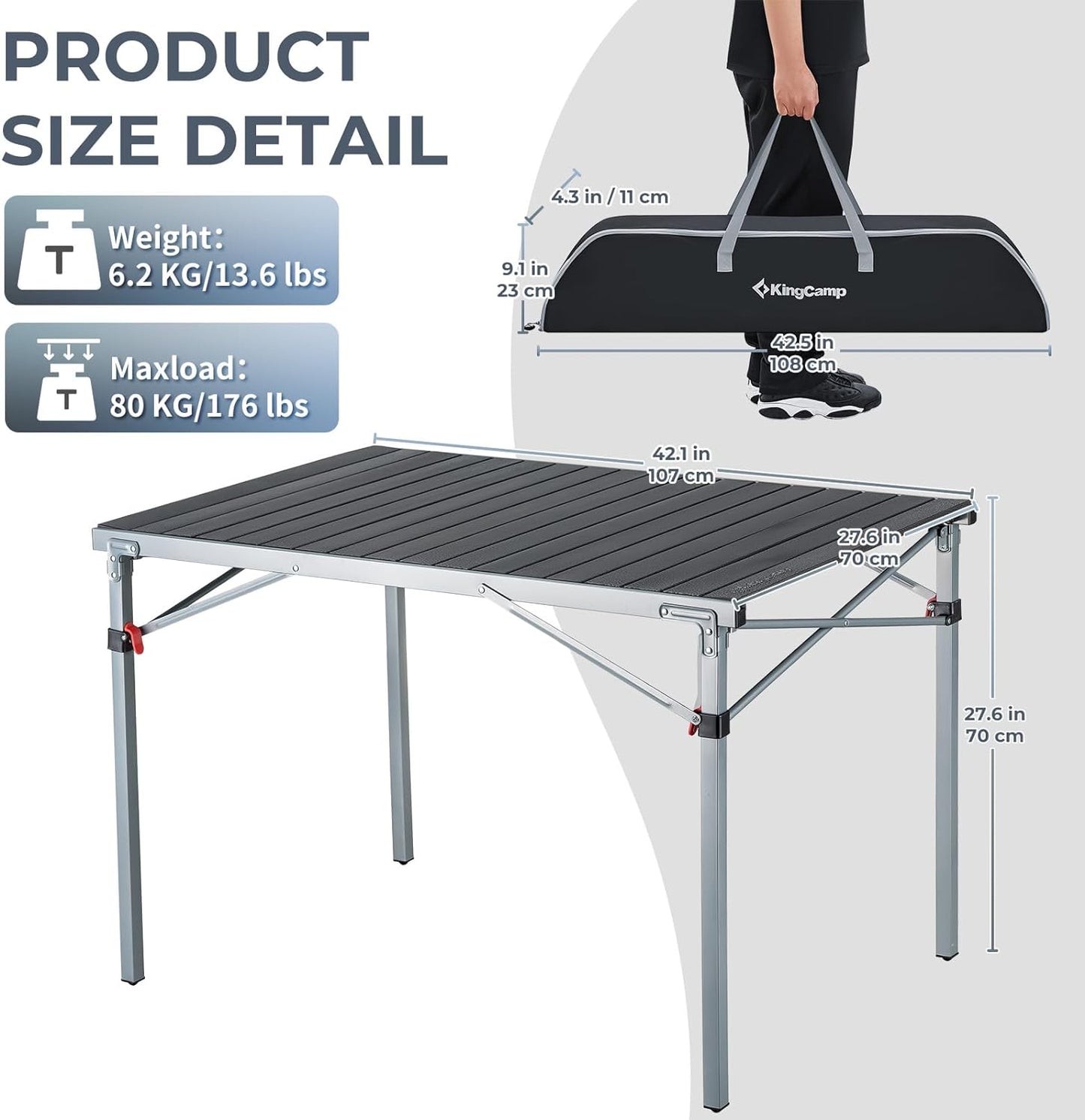 Aluminum Folding Lightweight Roll Portable Stable Table for Camping Picnic Barbecue Backyard Party, Indoor & Outdoor, Oversize, Silver Black