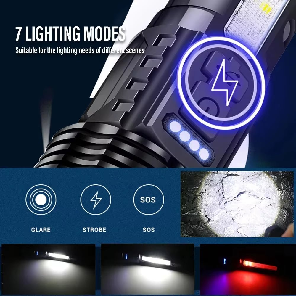 XHP70 LED Rechargeable Flashlight with 7 Modes & Side Light - Tatooine Nomad