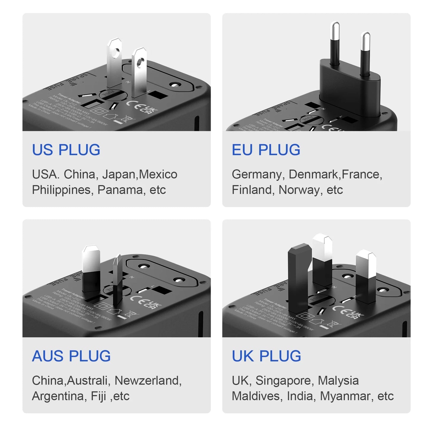 European Travel Plug Adapter,  International Plug Adapter with Type C, All-In-One Universal Power Adapter Plug for USA EU UK AUS, Black