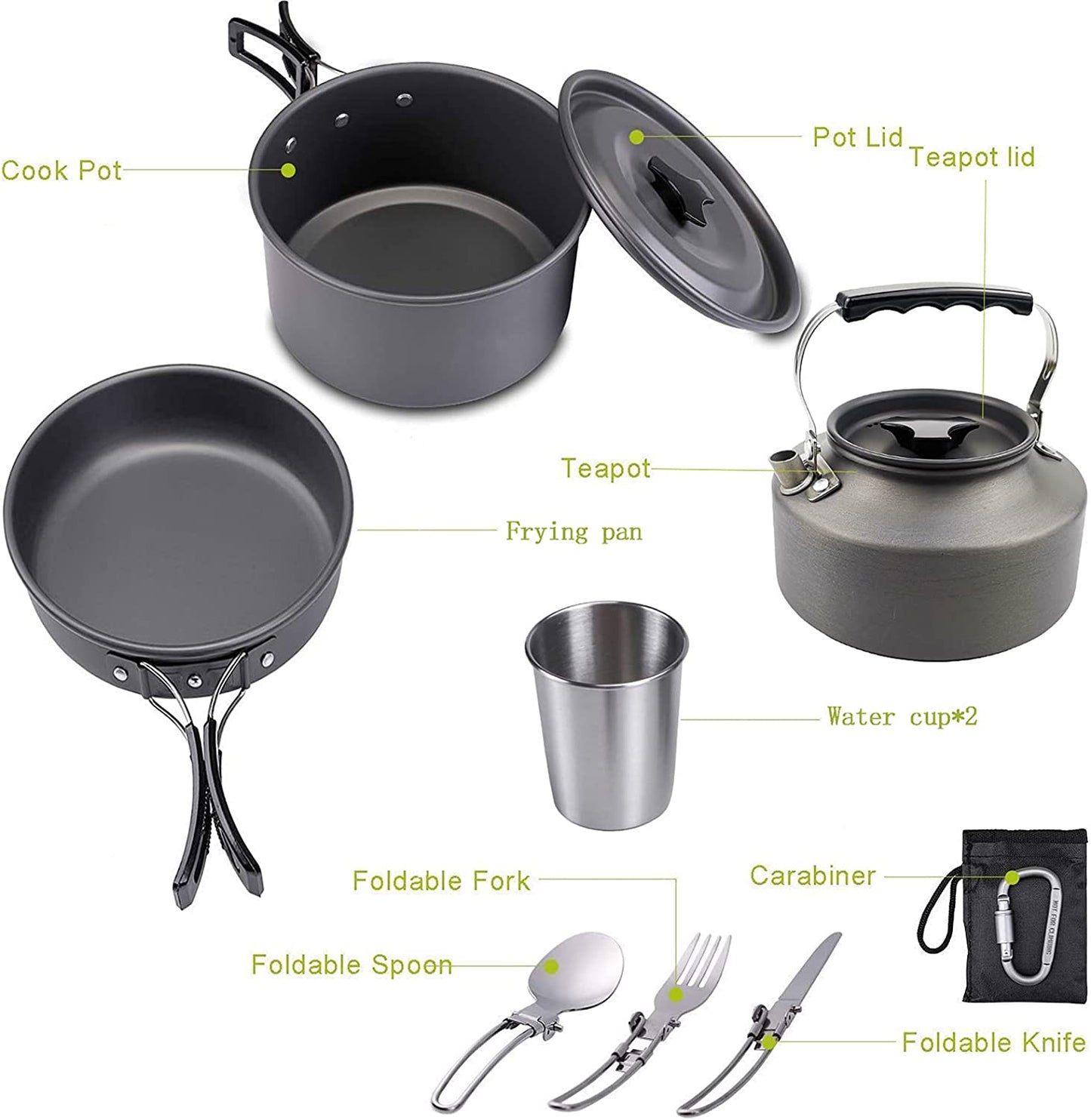 Outdoor Cookware Set Camping Cooker Set Camping Equipment Mountaineering Aluminum Cooker BBQ Tableware Camping Pot Set Suitable for 2~3 People - Green - Tatooine Nomad