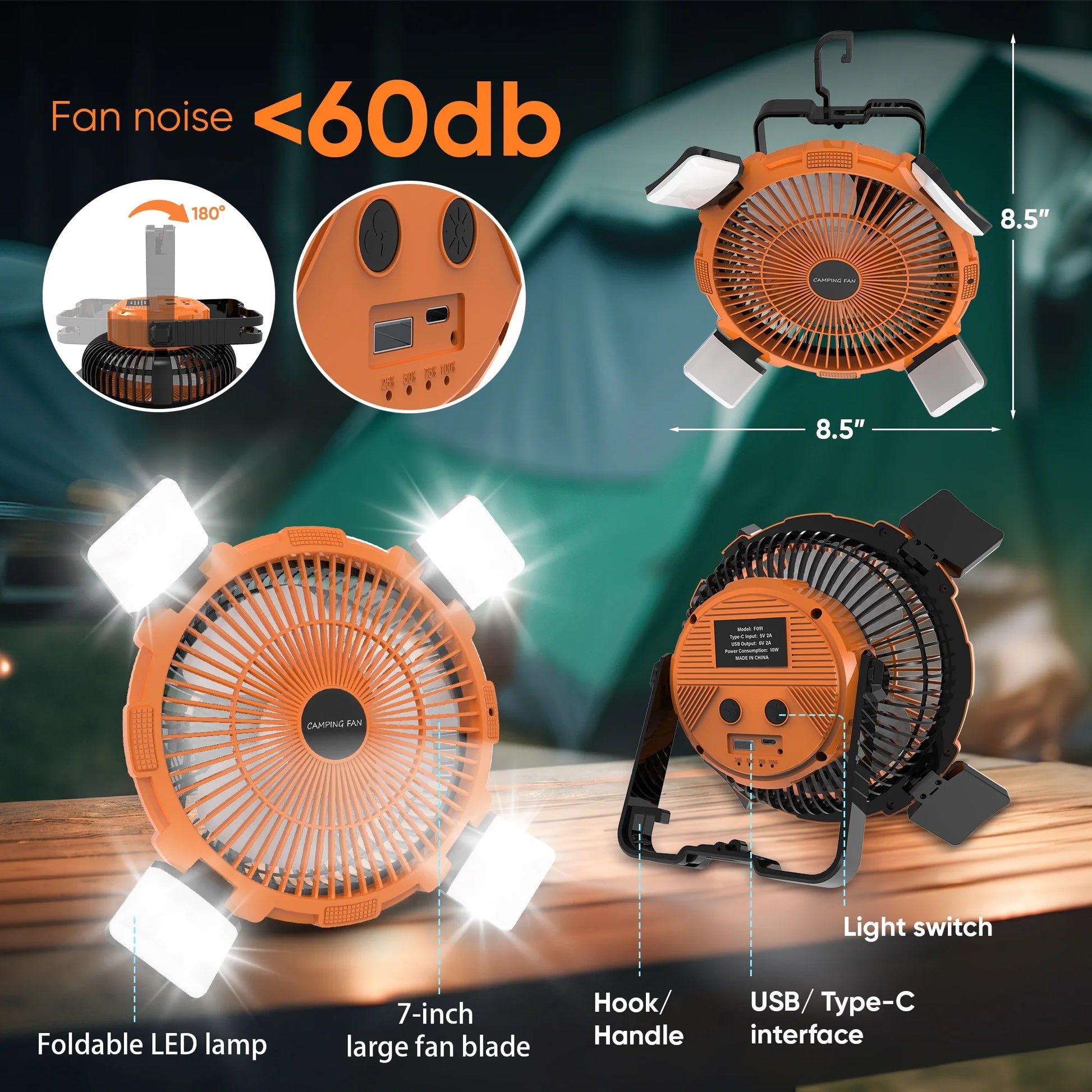 Camping Tent Fan, Battery Powered Fan, USB Outdoor Fan, Camping Accessories