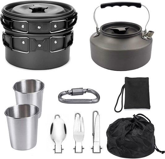 Outdoor Cookware Set Camping Cooker Set Camping Equipment Mountaineering Aluminum Cooker BBQ Tableware Camping Pot Set Suitable for 2~3 People - Black - Tatooine Nomad