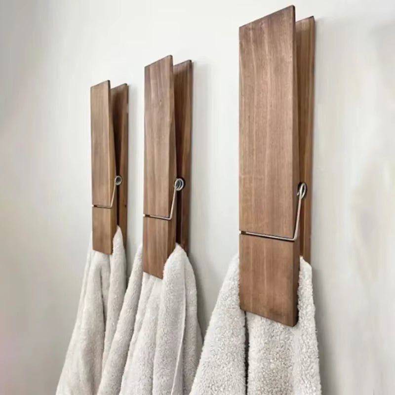 Clothespin Bathroom Towel Holder Wooden Giant Towel Clip Wall Mounted Bathroom Towel Holder Rural Style Large Clothespin Hook - Tatooine Nomad