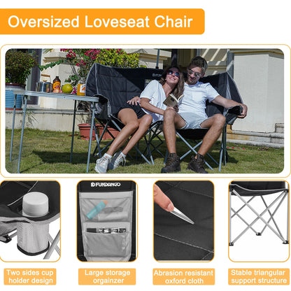 Loveseat Camping Chair Portable Double Chair for 2 Person Oversized Outdoor Folding Sofa Chair Support up to 440Lbs Black/Grey