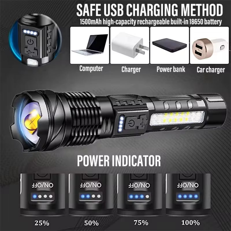 XHP70 LED Rechargeable Flashlight with 7 Modes & Side Light - Tatooine Nomad