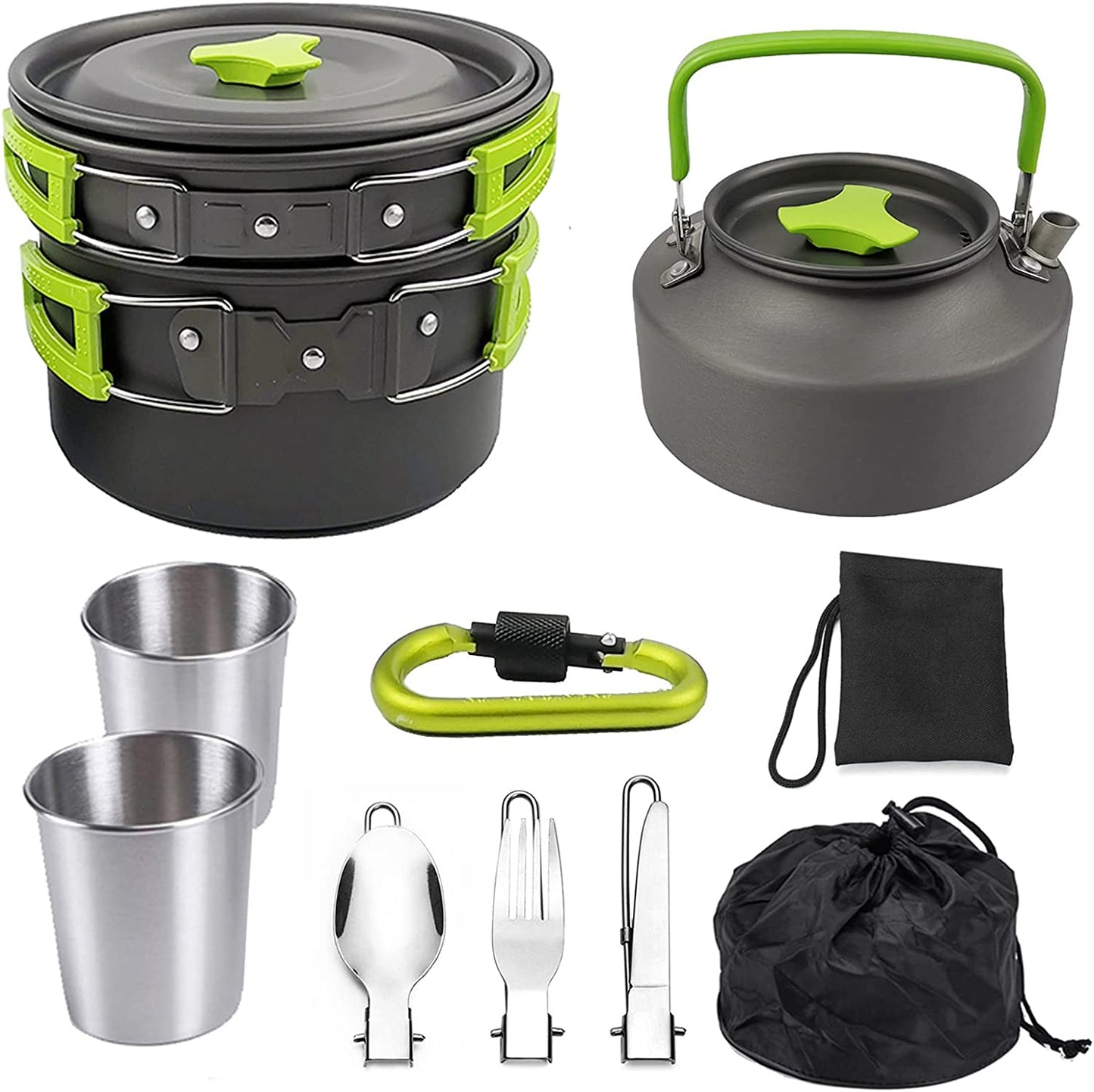 Outdoor Cookware Set Camping Cooker Set Camping Equipment Mountaineering Aluminum Cooker BBQ Tableware Camping Pot Set Suitable for 2~3 People - Green - Tatooine Nomad