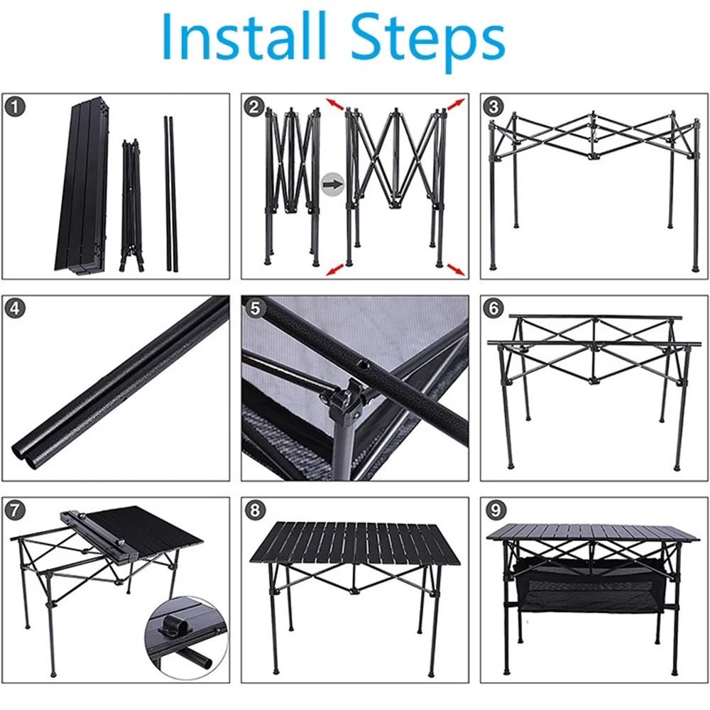 Camping Table with Carry Bag, Folding Camping Table with Storage, Carbon Steel Roll up Table with Adjustable Height, Portable Picnic Table for Outdoor Camping Travel Backyard BBQ Patio Beach - Tatooine Nomad