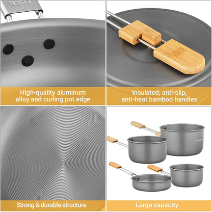 7Pcs Camping Cookware Mess Kit Aluminum Folding Camping Pots and Pans Set with Bamboo Handle Lightweight Backpacking Cooking Set Outdoor Cook Gear for Family Hiking Picnic - Tatooine Nomad