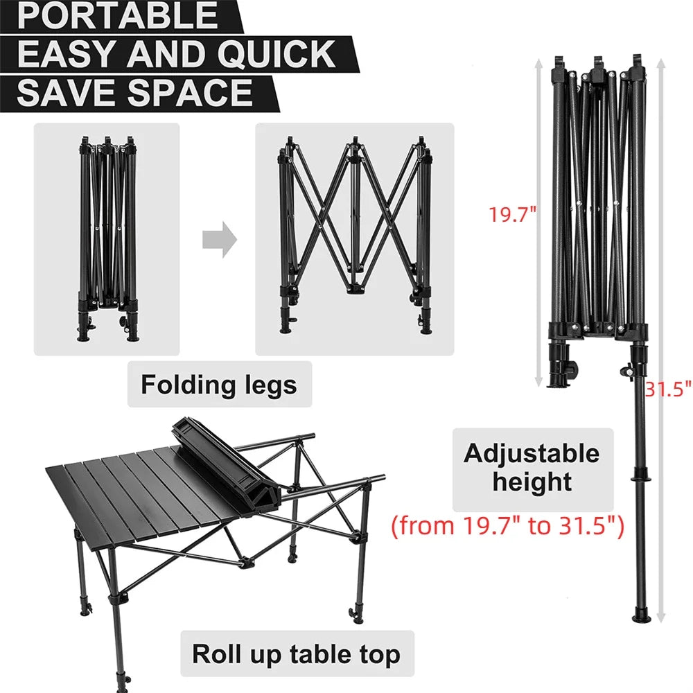 Camping Table with Carry Bag, Folding Camping Table with Storage, Carbon Steel Roll up Table with Adjustable Height, Portable Picnic Table for Outdoor Camping Travel Backyard BBQ Patio Beach - Tatooine Nomad