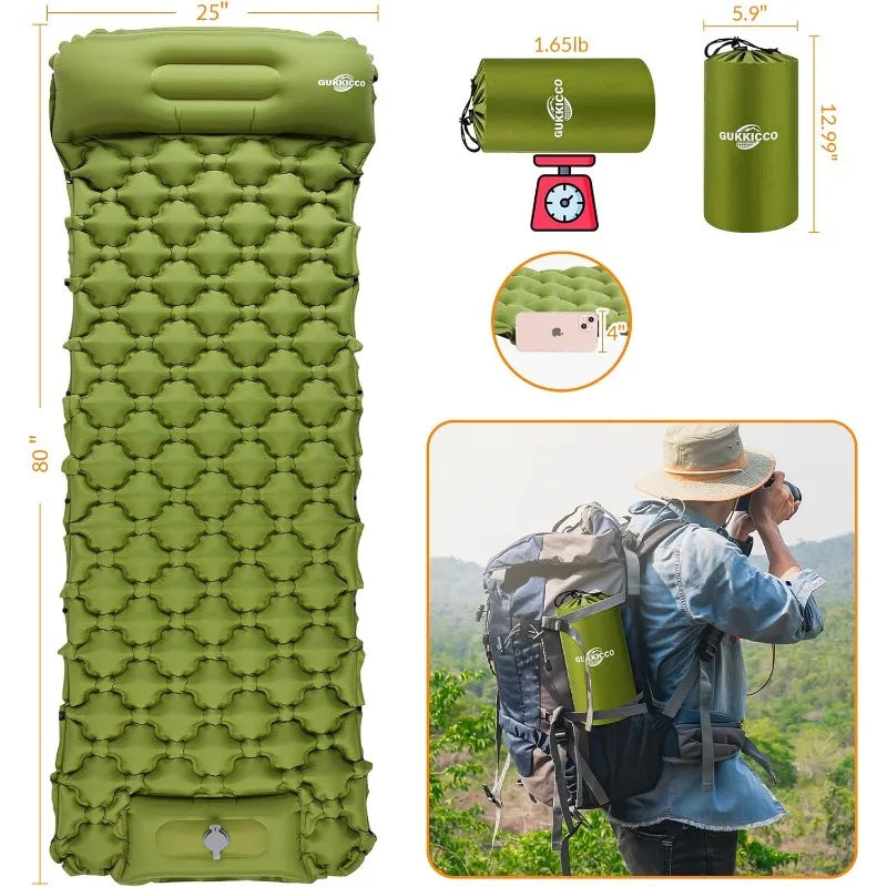 Camping Sleeping Pad, Ultralight Self Inflating Camping Pad 2 Person with Pillow Built-In Foot Pump for Camping, Hiking