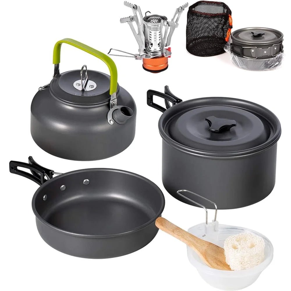 13Pcs Camping Cookware Set with Mini Stove, Aluminum Camping Cookware Kit, Folding Camping Cooking Set with Non - Stick Pot Pan Teapot Storage Bag for Camping Backpacking Outdoor Cooking Picnic - Tatooine Nomad