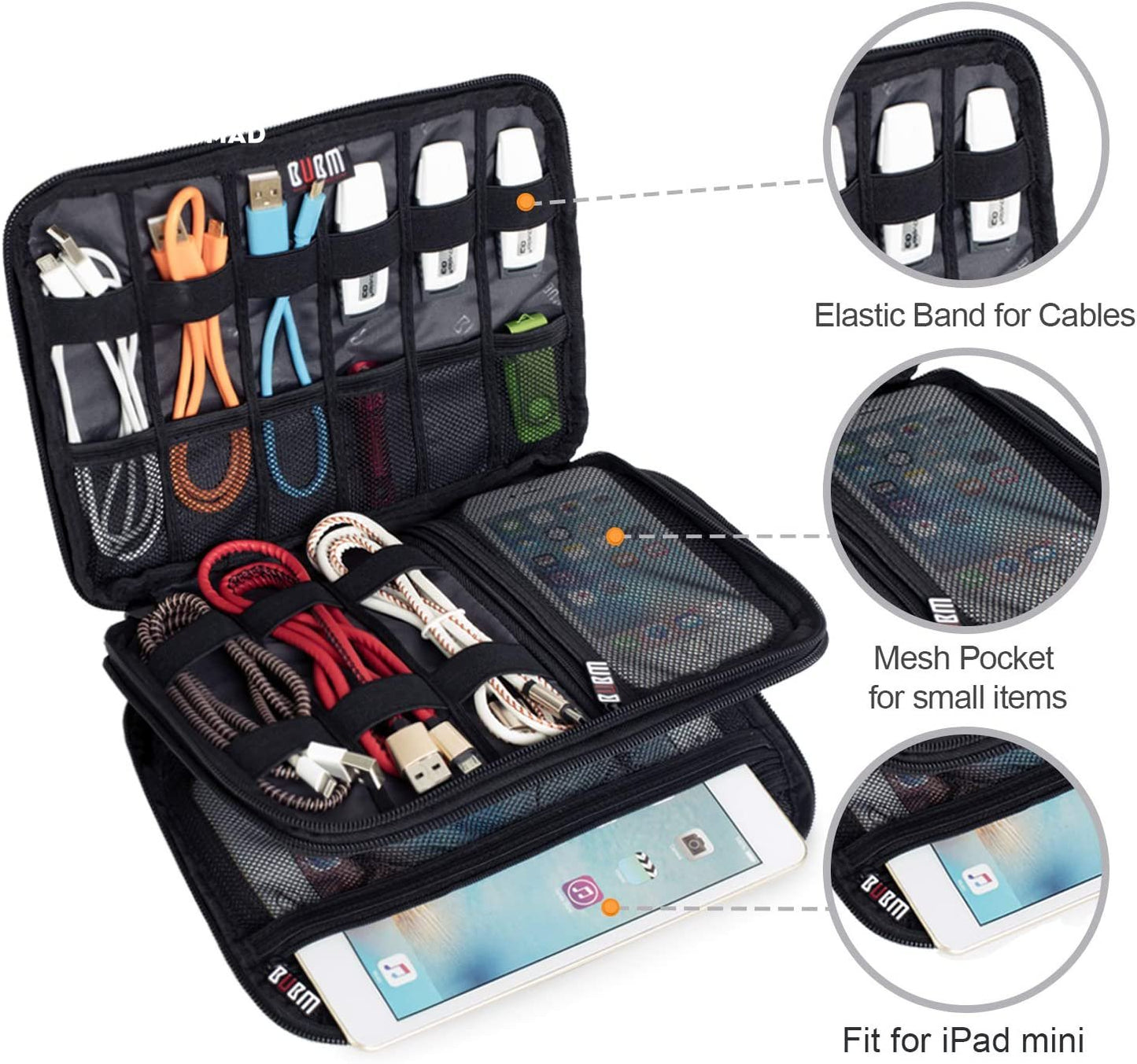 Double Layer Electronic Accessories Organizer, Travel Gadget Bag for Cables, USB Flash Drive, Plug and More, Perfect Size Fits for Ipad Mini (Medium, Black) - Tatooine Nomad