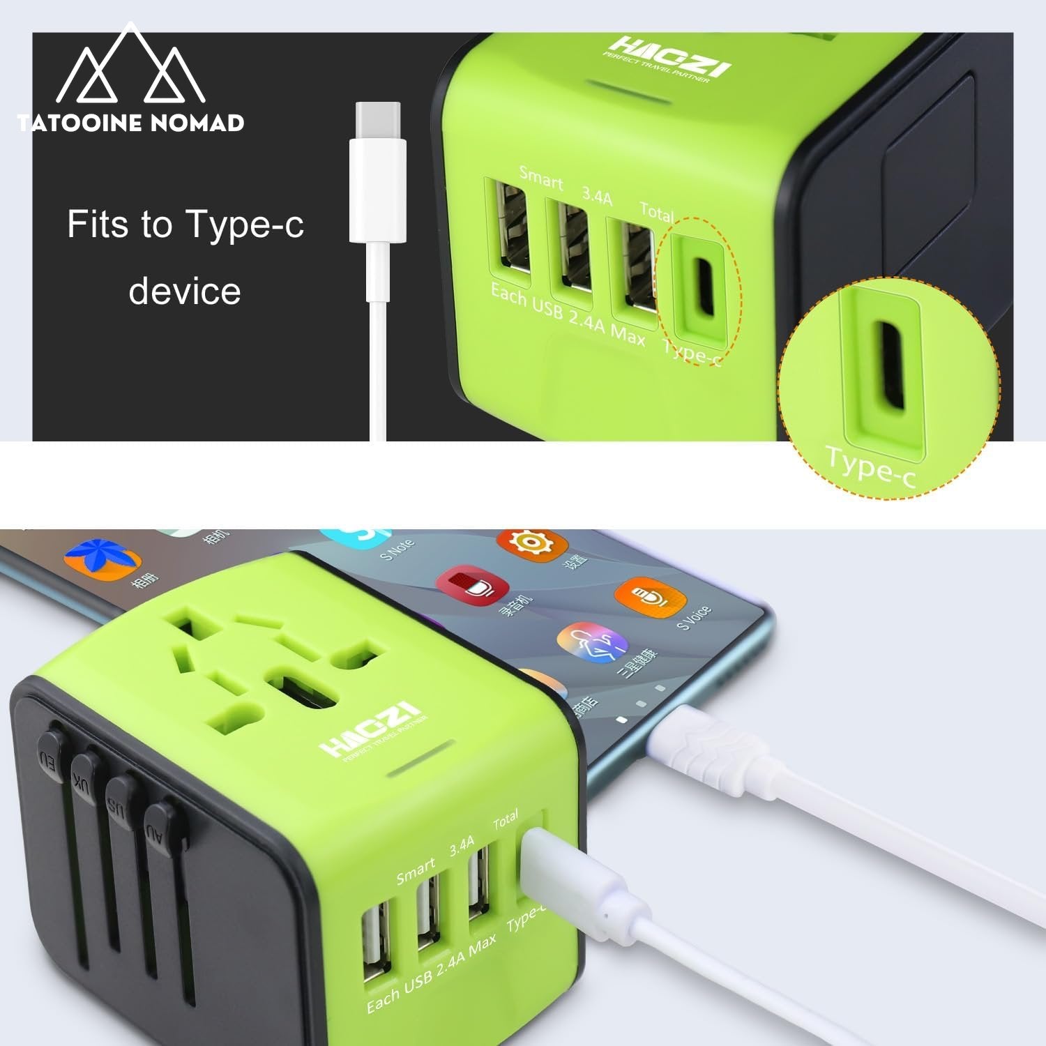 European Travel Plug Adapter, Universal Travel Adapter, 2.4A USB, 3.0A Type - C International Travel Adapter, Universal Travel Plug Adapter for US, UK, EU, AU & Asia Covers 150+Countries (Green) - Tatooine Nomad