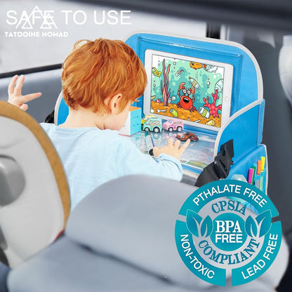 Kids Travel Tray, Car Seat Trays for Kids Travel, Toddler Airplane Travel Accessories with Tablet Holder, Road Car Travel Accessories Kids with Dry Erase Board & Storage Pocket, Blue - Tatooine Nomad