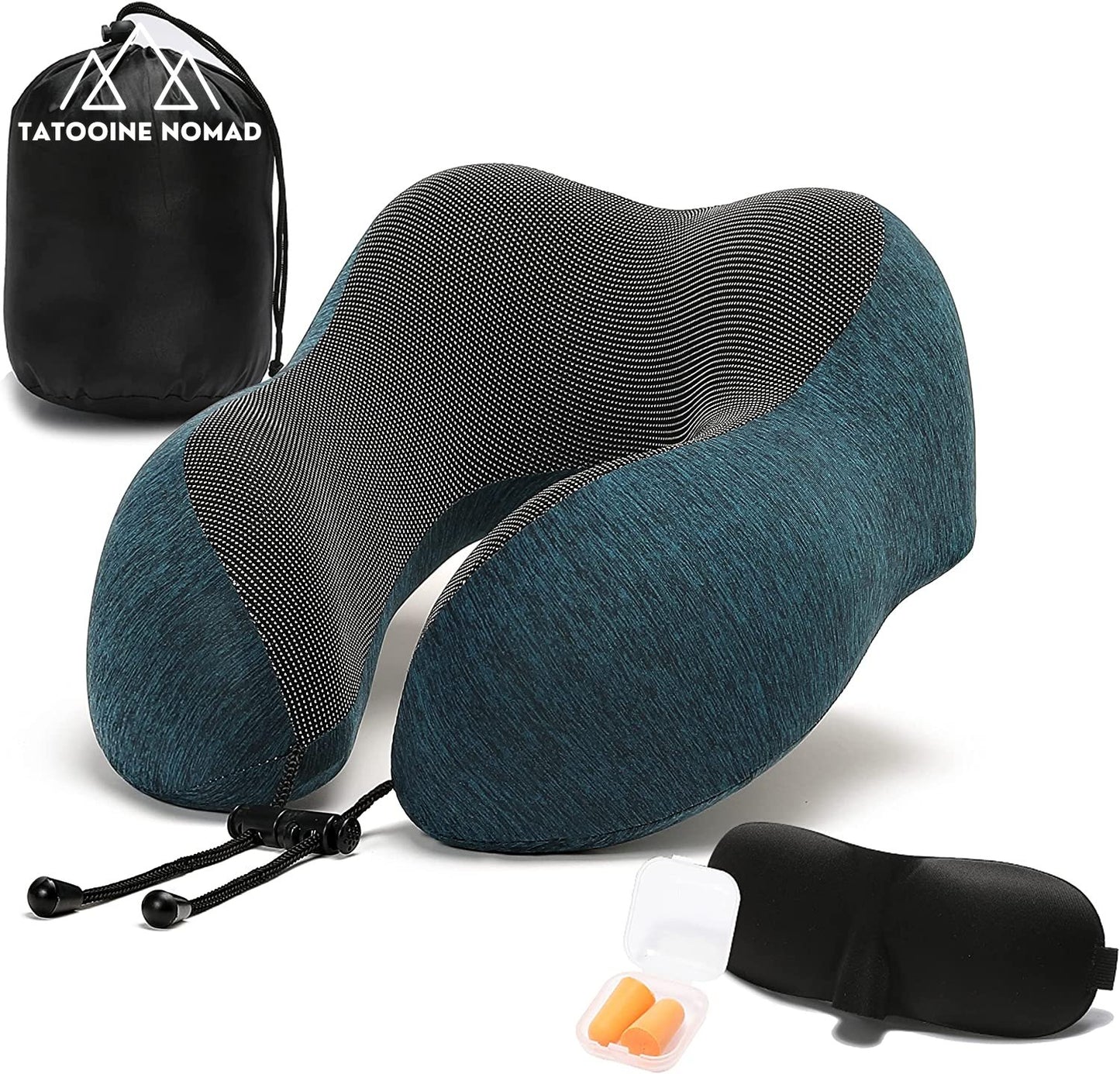 Travel Pillow, 100% Memory Foam Neck Pillow with Comfortable Breathable Cover, Airplane Travel Kit Cooling Pillow with 3D Eye Mask, Ear Plugs and Organizer Bag, Machine Washable, Grey/Blue (Green) - Tatooine Nomad